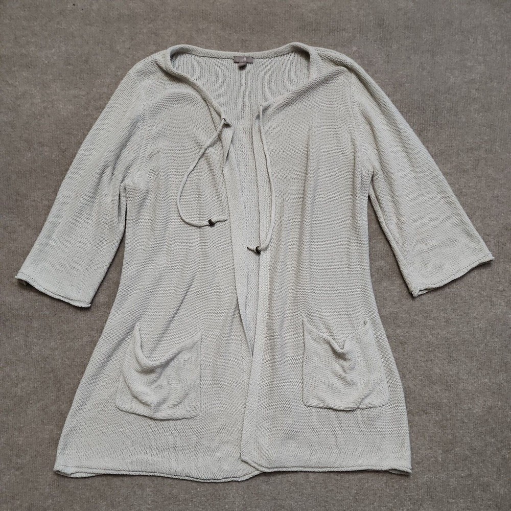 J Jill  Open Tie Front Silk Cardigan Sweater Womens XL Pockets Gray 3/4 Sleeve